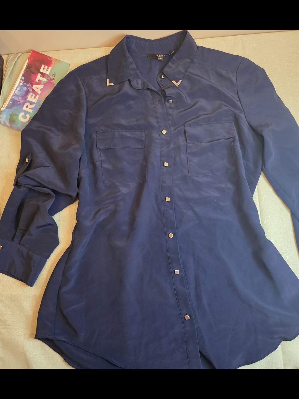 Alex Marie Navy Button-Down Shirt with Gold Accent Buttons M